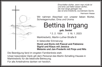 Traueranzeige von Bettina Irrgang von Frankenpost