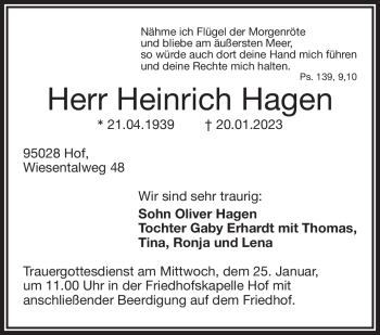 Traueranzeige von Heinrich Hagen von Frankenpost