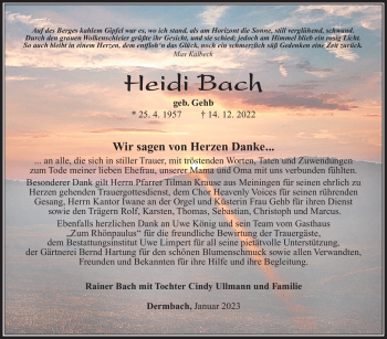 Traueranzeige von Heidi Bach von Südthüringer Presse