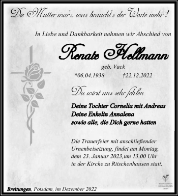 Traueranzeige von Renate Hellmann von Südthüringer Presse