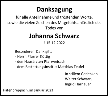 Traueranzeige von Johanna Schwarz von Neue Presse Coburg