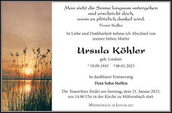 Traueranzeige von Ursula Köhler von Südthüringer Presse