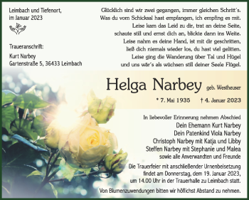 Traueranzeige von Helga Narbey von Südthüringer Presse