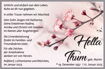 Traueranzeige von Hella Thum von Südthüringer Presse