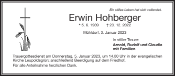 Traueranzeige von Erwin Hohberger von Frankenpost