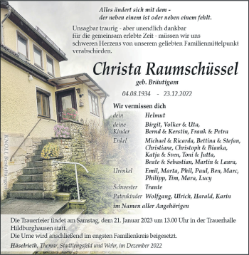 Traueranzeige von Christa Raumschüssel von Südthüringer Presse