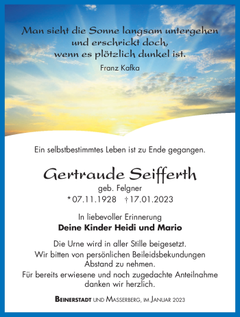 Traueranzeige von Gertraude Seifferth von Südthüringer Presse