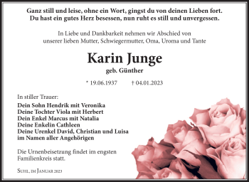 Traueranzeige von Karin Junge von Südthüringer Presse