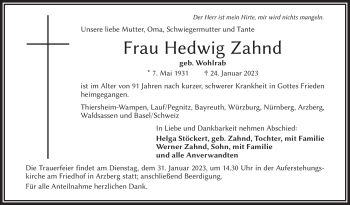 Traueranzeige von Hedwig Zahnd von Frankenpost