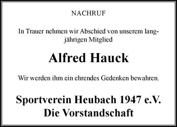 Traueranzeige von Alfred Hauck von Neue Presse Coburg
