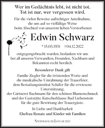 Traueranzeige von Edwin Schwarz von Südthüringer Presse