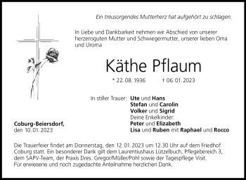 Traueranzeige von Käthe Pflaum von Neue Presse Coburg