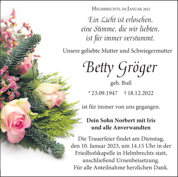 Traueranzeige von Betty Gröger von Frankenpost