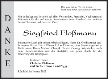 Traueranzeige von Siegfried Floßmann von Südthüringer Presse