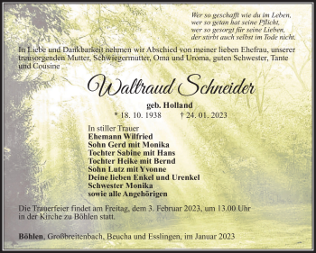 Traueranzeige von Waltraud Schneider von Südthüringer Presse