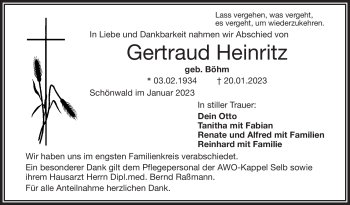 Traueranzeige von Gertraud Heinritz von Frankenpost