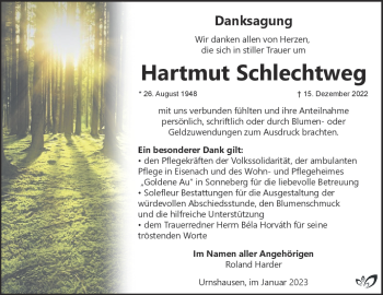 Traueranzeige von Hartmut Schlechtweg von Südthüringer Presse