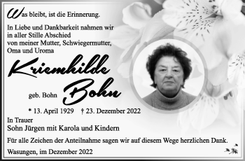 Traueranzeige von Kreimhilde Bohn von Südthüringer Presse