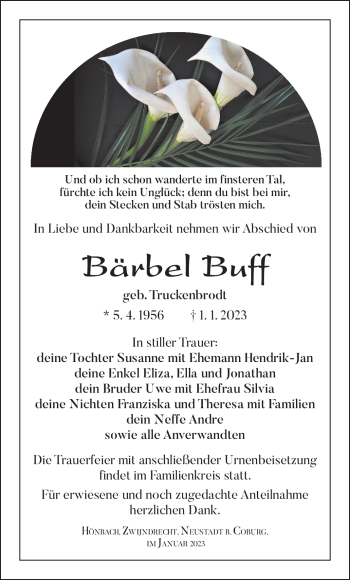 Traueranzeige von Bärbel Buff von Südthüringer Presse