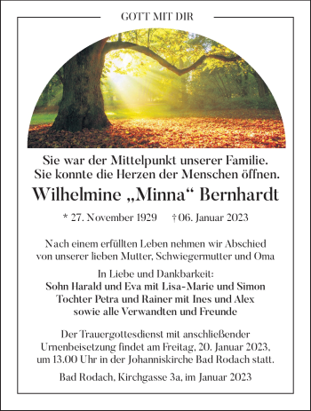 Traueranzeige von Wilhelmine Bernhardt von Südthüringer Presse