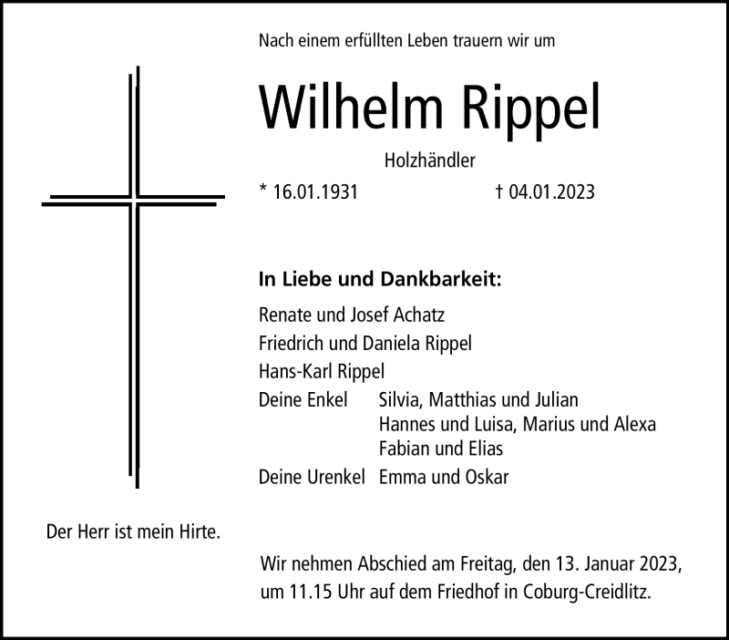  Traueranzeige für Wilhelm Rippel vom 11.01.2023 aus Neue Presse Coburg