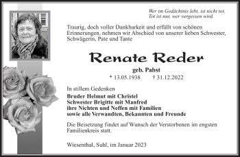 Traueranzeige von Renate Reder von Südthüringer Presse