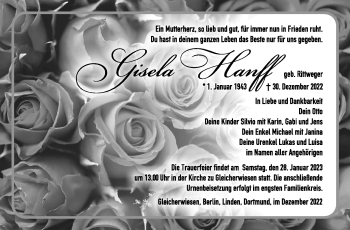 Traueranzeige von Gisela Hanff von Südthüringer Presse