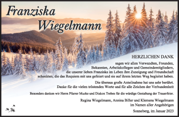 Traueranzeige von Franziska Wiegelmann von Südthüringer Presse
