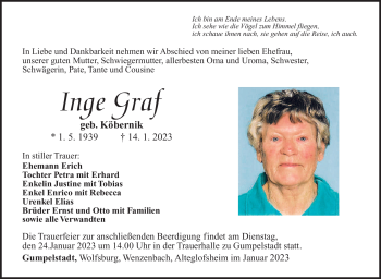 Traueranzeige von Inge Graf von Südthüringer Presse