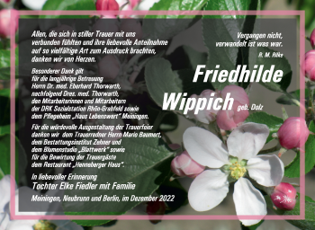 Traueranzeige von Friedhilde Wippich von Südthüringer Presse