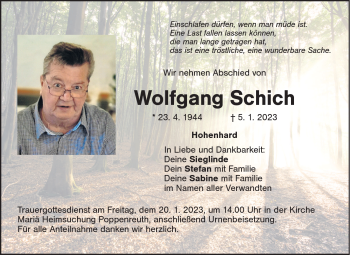 Traueranzeige von Wolfgang Schich von Frankenpost