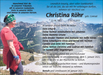 Traueranzeige von Christina Röhr von Südthüringer Presse
