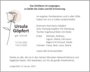 Traueranzeige von Ursula Göpfert von Südthüringer Presse