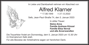 Traueranzeige von Alfred Klarner von Frankenpost
