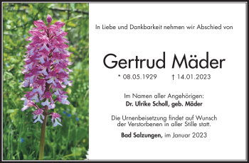 Traueranzeige von Gertrud Mäder von Südthüringer Presse