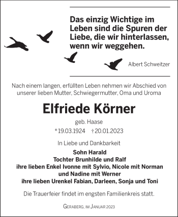 Traueranzeige von Elfriede Körner von Südthüringer Presse