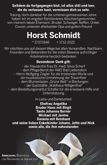 Traueranzeige von Horst Schmidt von Südthüringer Presse