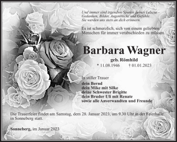 Traueranzeige von Barbara Wagner von Südthüringer Presse