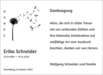 Traueranzeige von Erika Schneider von Südthüringer Presse