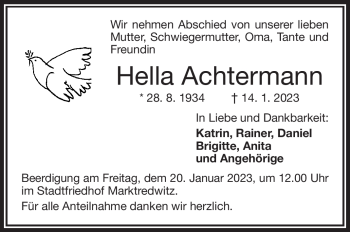 Traueranzeige von Hella Achtermann von Frankenpost
