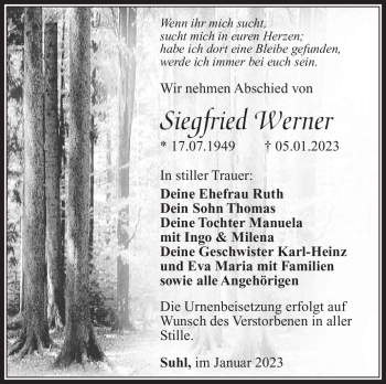 Traueranzeige von Siegfried Werner von Südthüringer Presse