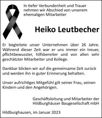 Traueranzeige von Heiko Leutbecher von Südthüringer Presse