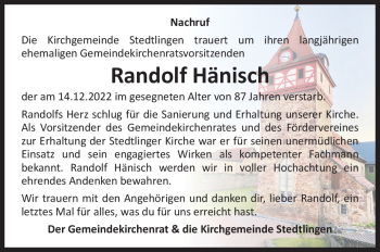 Traueranzeige von Randolf Hänisch von Südthüringer Presse