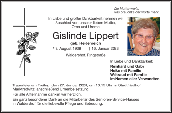 Traueranzeige von Gislinde Lippert von Frankenpost