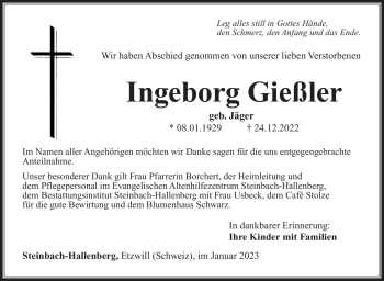 Traueranzeige von Ingeborg Gießler von Südthüringer Presse