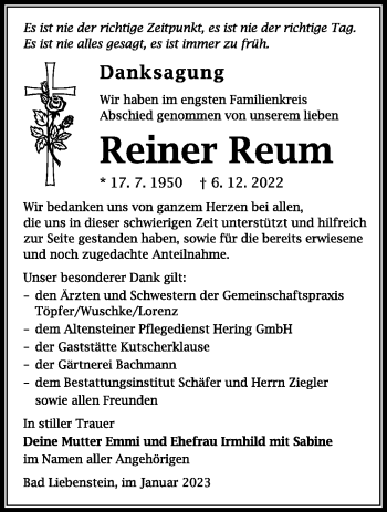 Traueranzeige von Reiner Reum von Südthüringer Presse