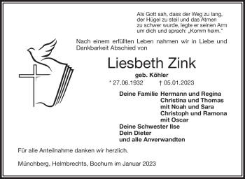 Traueranzeige von Liesbeth Zink von Frankenpost