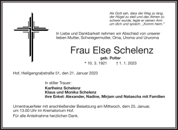 Traueranzeige von Else Schelenz von Frankenpost