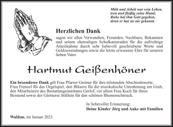 Traueranzeige von Hartmut Geißenhöner von Südthüringer Presse