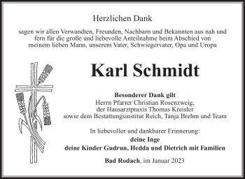 Traueranzeige von Karl Schmidt von Südthüringer Presse